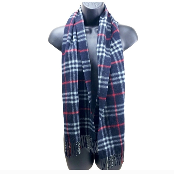 Vintage Burberry cashmere wool scarf. Navy blue red white plaid - Picture 4 of 5